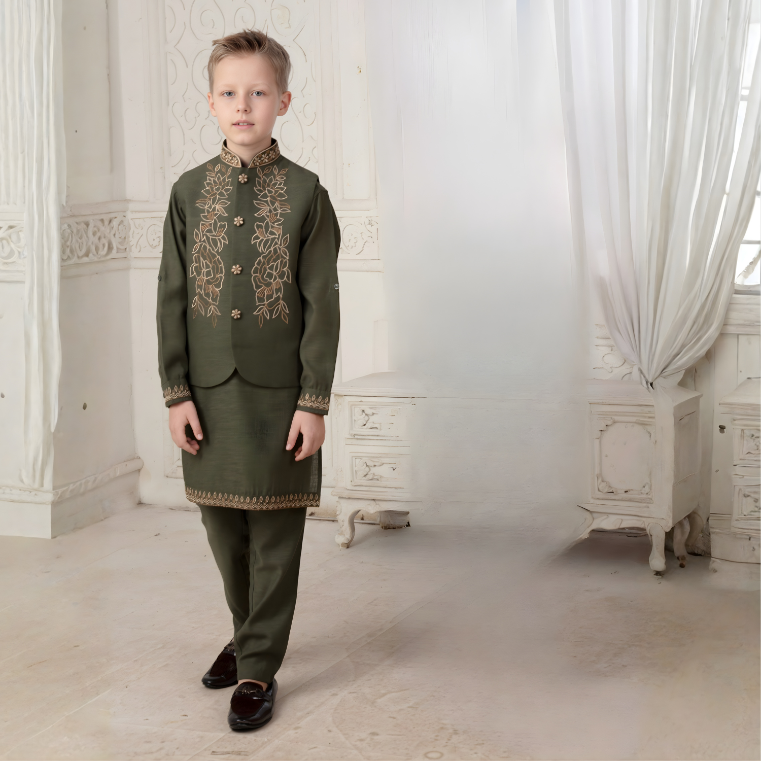 Green Cotton Silk Waistcoat Set For Graceful Celebrations