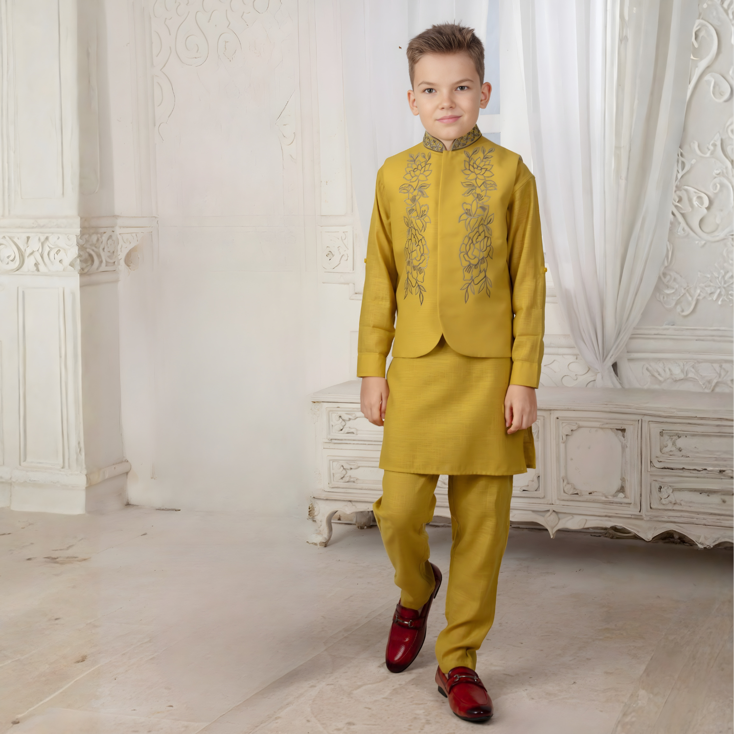 Yellow Cotton Silk Waistcoat Set For Graceful Celebrations