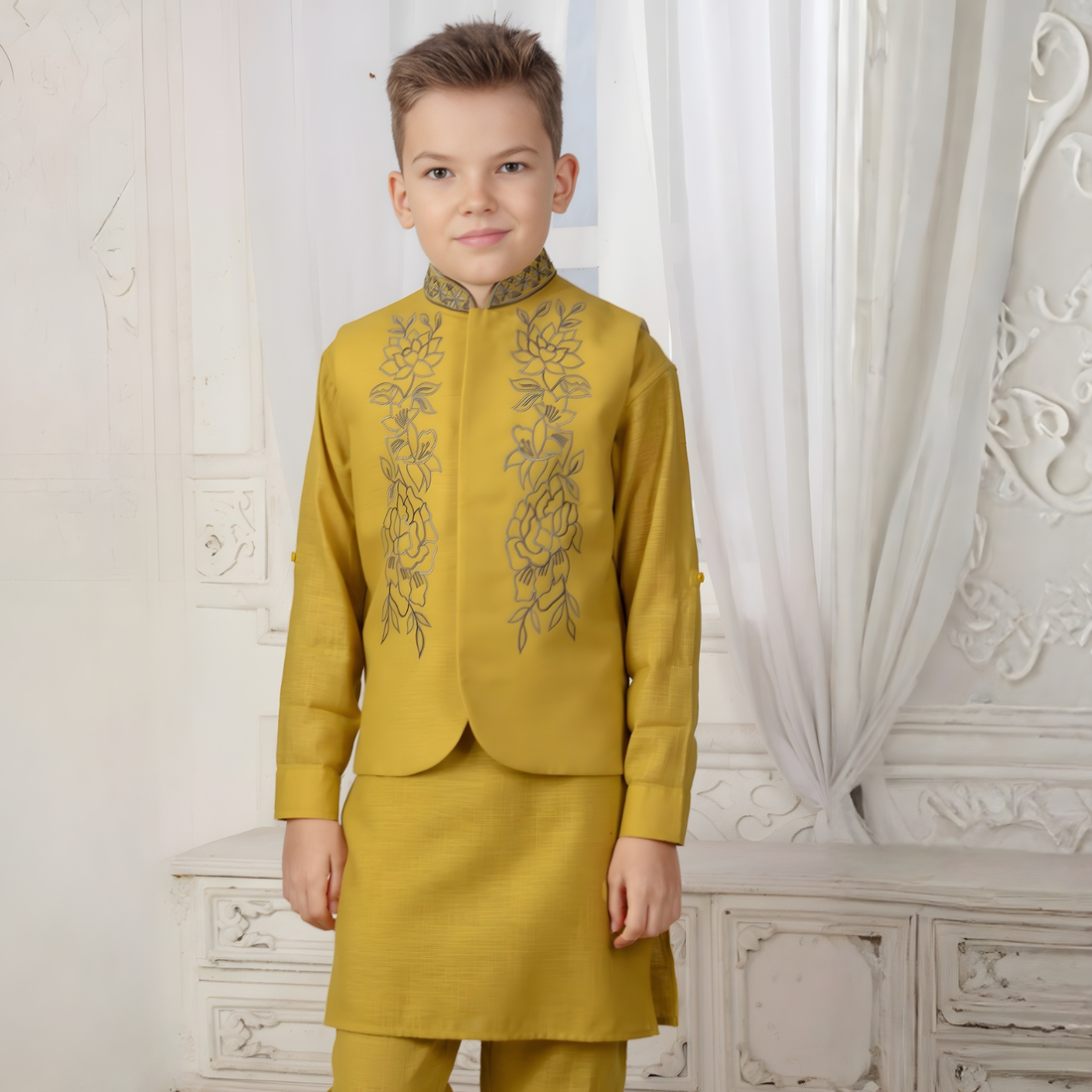 Yellow Cotton Silk Waistcoat Set For Graceful Celebrations