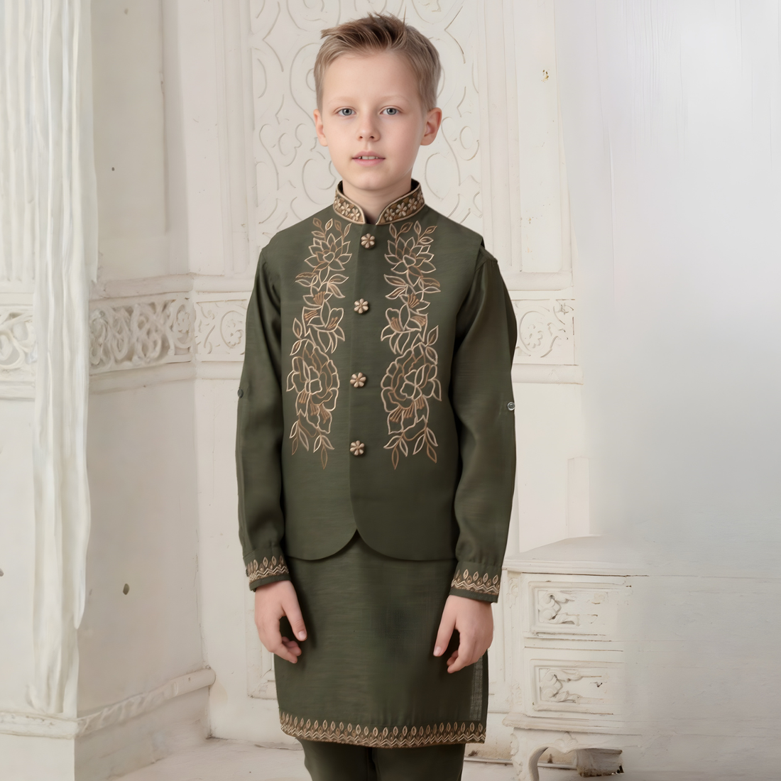 Green Cotton Silk Waistcoat Set For Graceful Celebrations