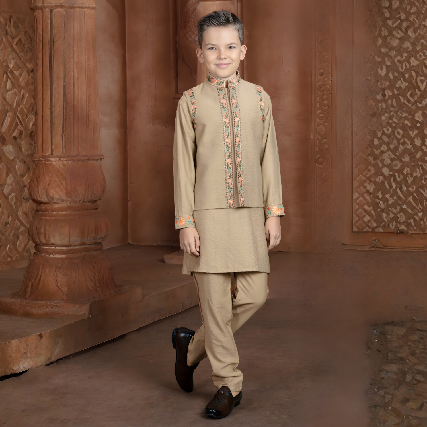 Boys Fawn Festive & Party Kurta and Pyjama Set