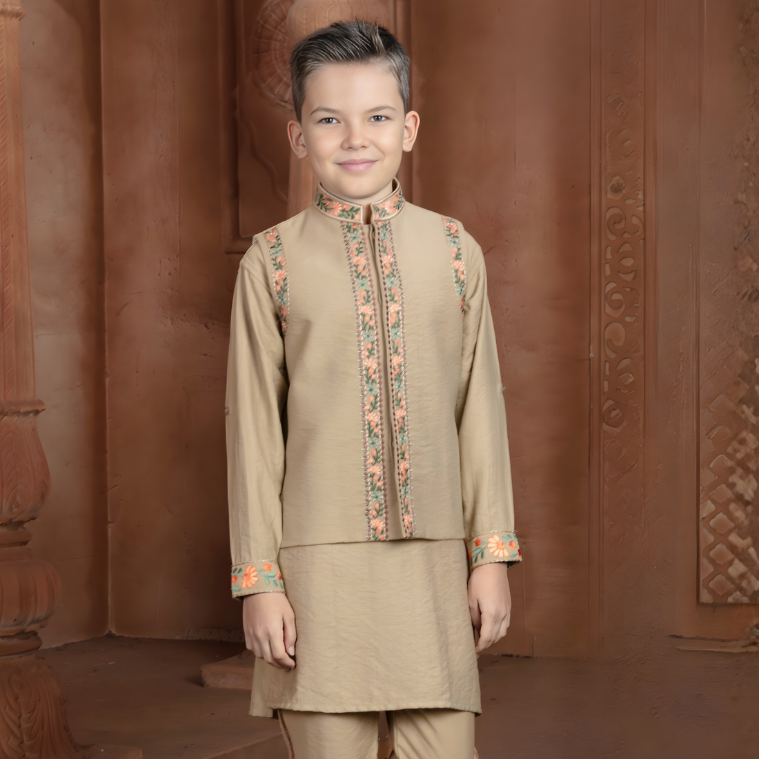 Boys Fawn Festive & Party Kurta and Pyjama Set