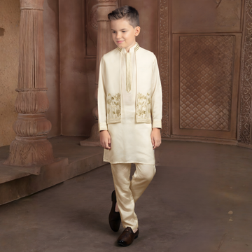 Boys Cream Festive & Party Kurta and Pyjama Set