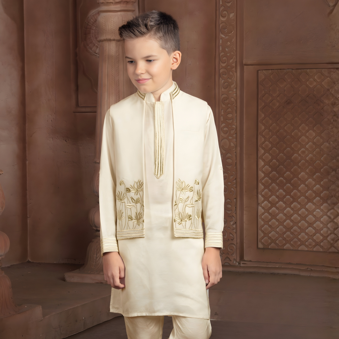 Boys Cream Festive & Party Kurta and Pyjama Set
