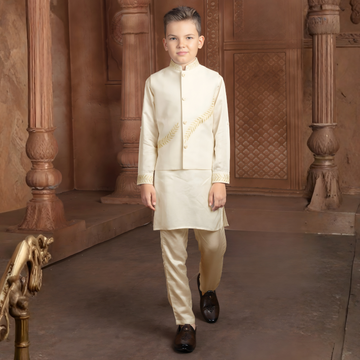 Boys Cream Festive & Party Kurta and Pyjama Set