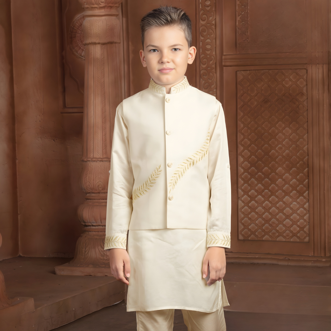 Boys Cream Festive & Party Kurta and Pyjama Set