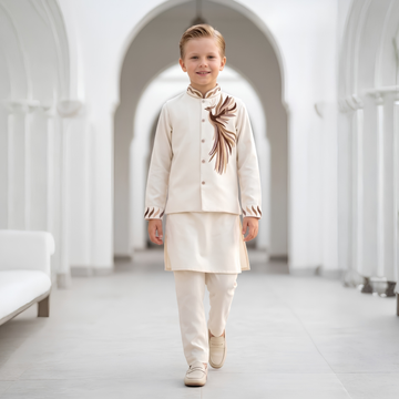 Cream Bird Embroidery Kurta Pajama Set