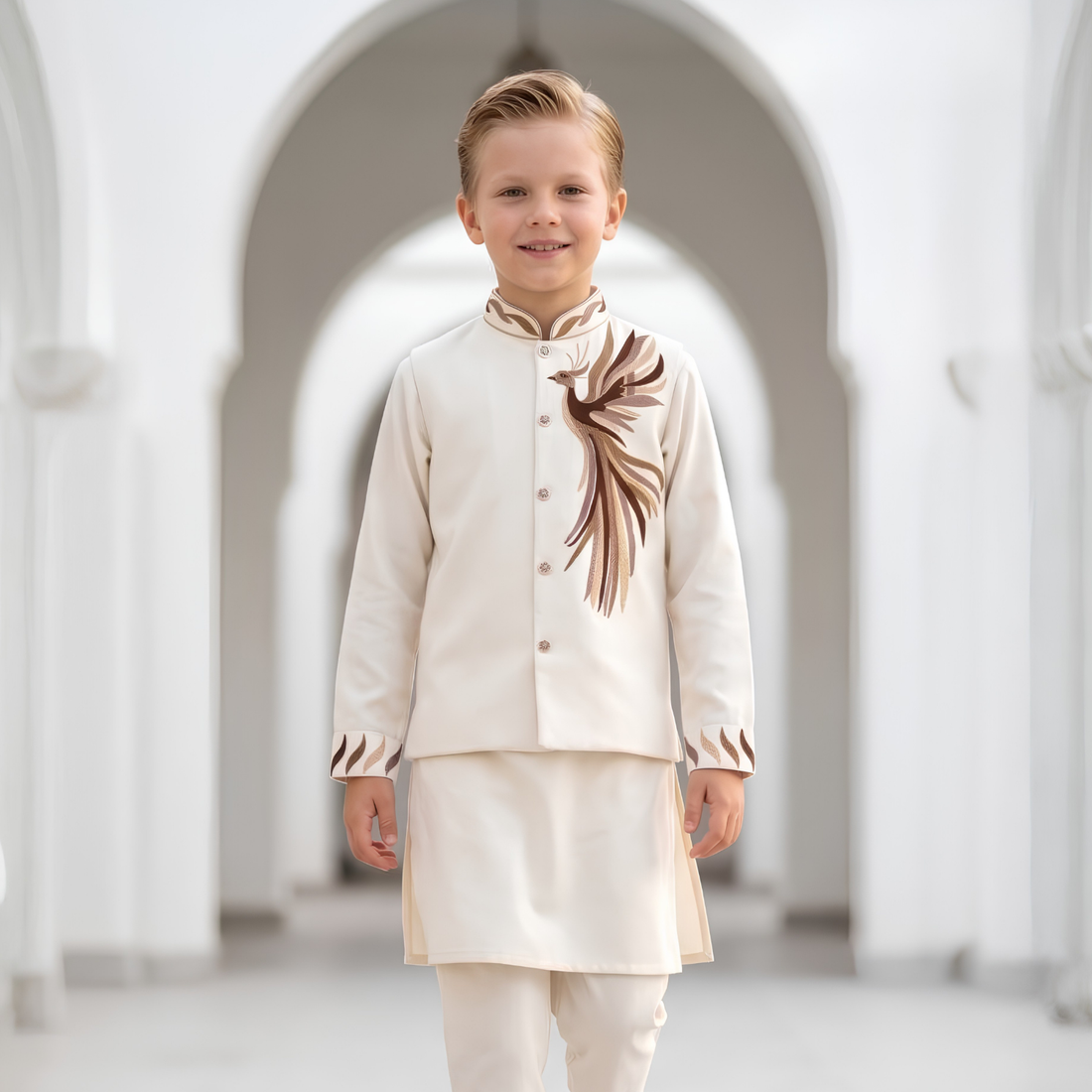 Cream Bird Embroidery Kurta Pajama Set