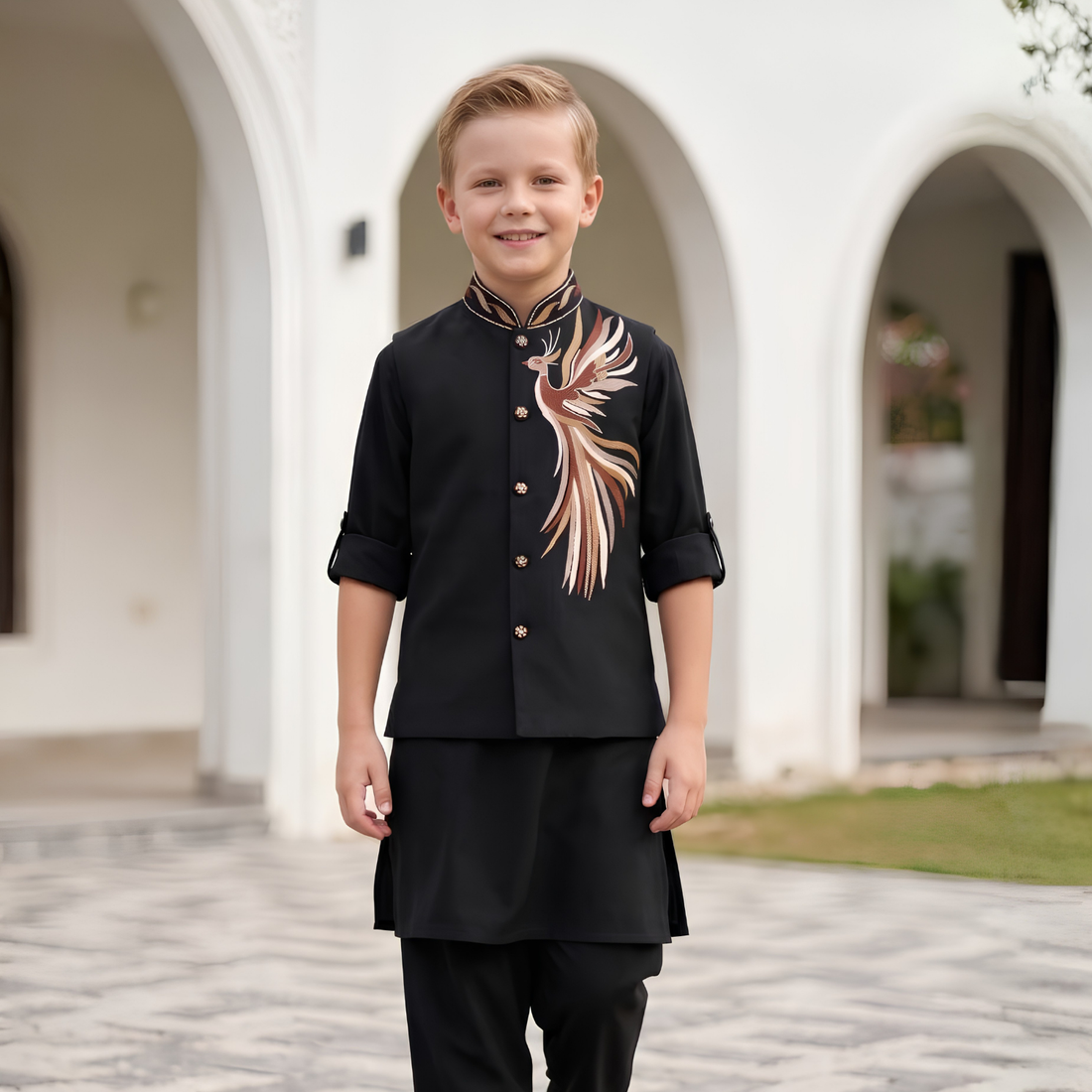Black Bird Embroidery Kurta Pajama Set