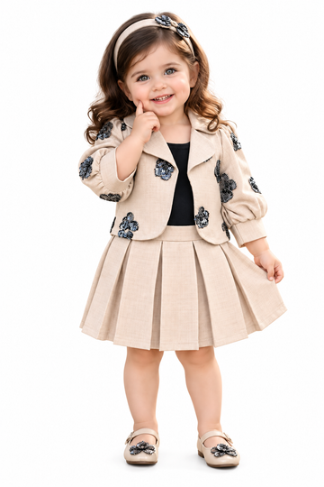 Girls Cream Floral Sequin Jacket and Pleated Skirt Set (Shoes Not Included)