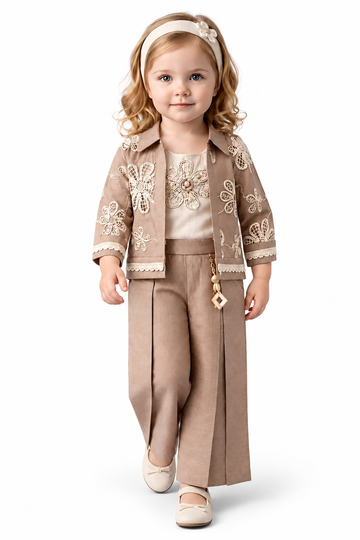 Girls Brown Floral Lace Jacket and Palazzo Pants Set (Shoes Not Included)