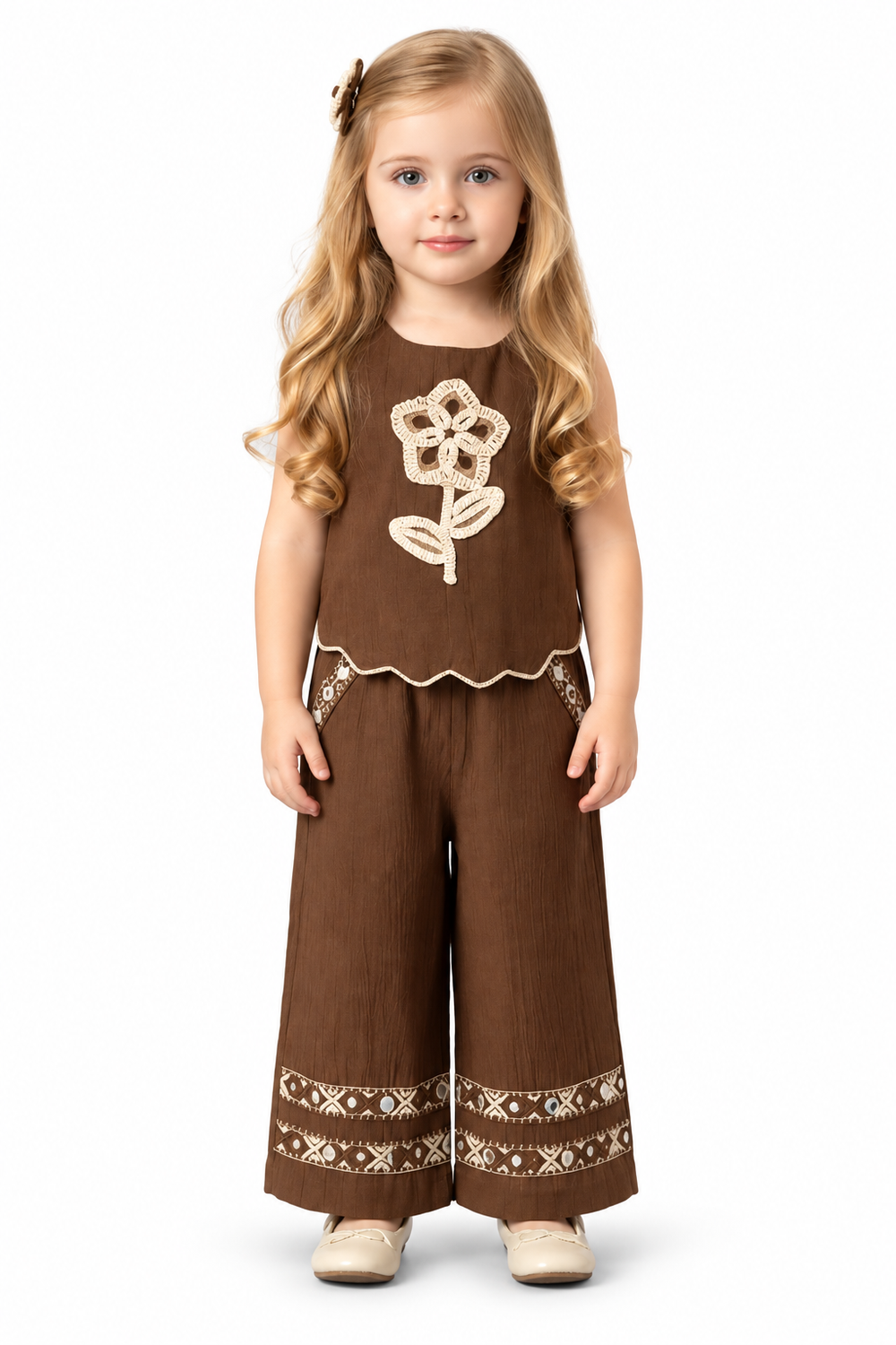 Girls Brown Floral Applique Top and Palazzo Pants Set (Shoes Not Included)