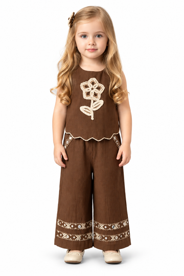 Girls Brown Floral Applique Top and Palazzo Pants Set (Shoes Not Included)