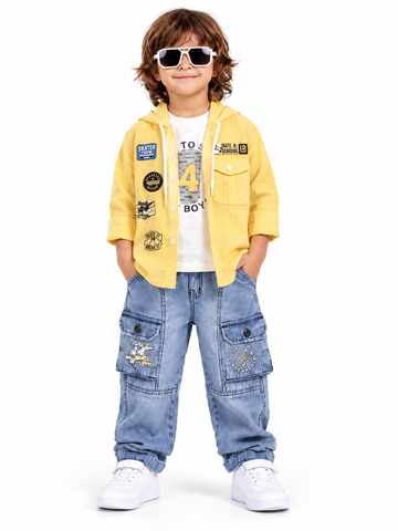 Boys Yellow Hooded Shirt, T-shirt and Denim Cargo Pants Set