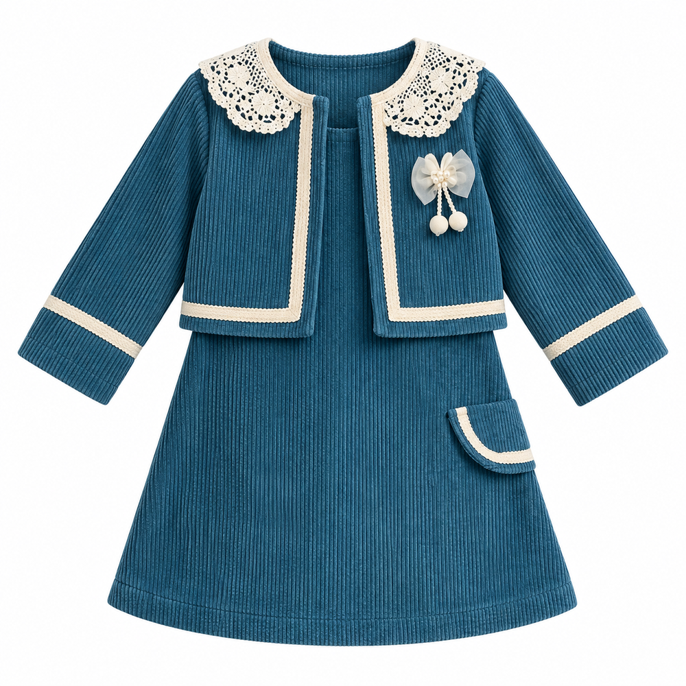 Girls Blue Lace Collar Jacket and Frock Set (Shoes Not Included)