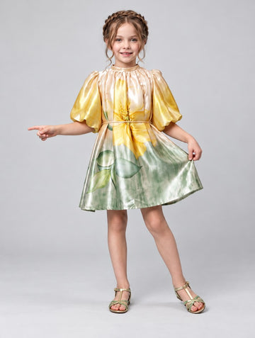 Girls Mustard Floral Print Satin Frock