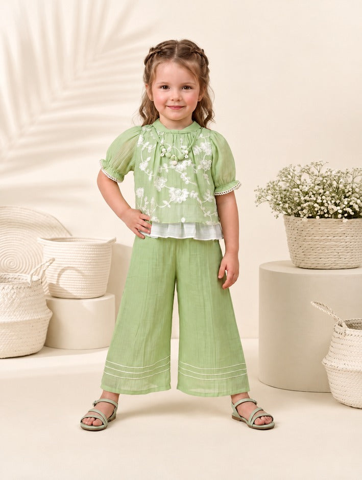 Girls Green Floral Embroidered Top and Palazzo Pants Set