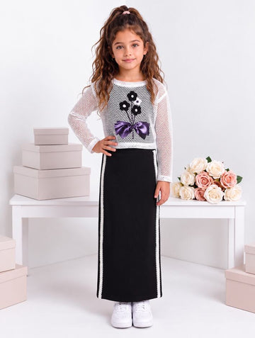 Girls Black Crochet Mesh Top and Skirt Set