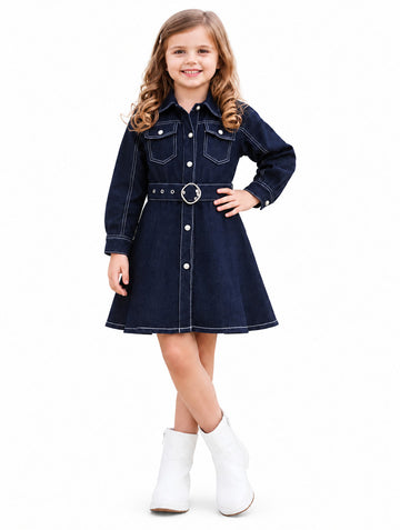 Girls Blue Denim Shirt Dress with Belt