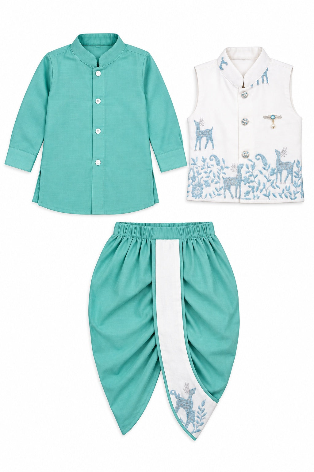 Boys Gray Kurta and Dhoti Set with Deer Motif Jacket (Shoes Not Included)