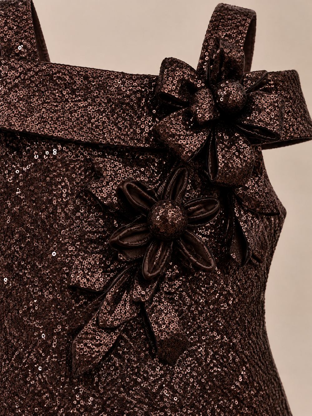 Girls Brown Shimmer Cold-Shoulder Dress with Floral Applique (Shoes Not Included)