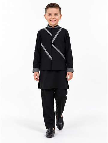 Boys Black Silver-Stripe Jacket, Kurta and Trousers 3-Piece Set (Shoes Not Included)
