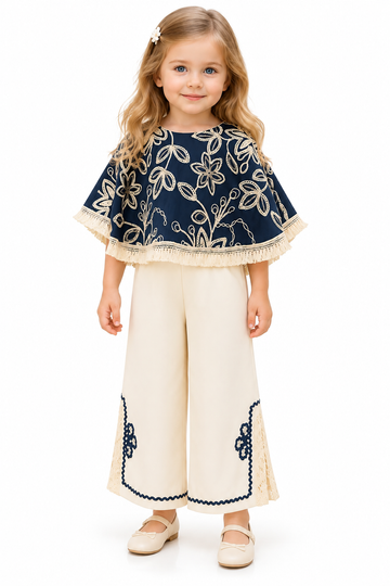 Girls Blue Floral Embroidered Cape Top and Cream Palazzo Pants Set (Shoes Not Included)