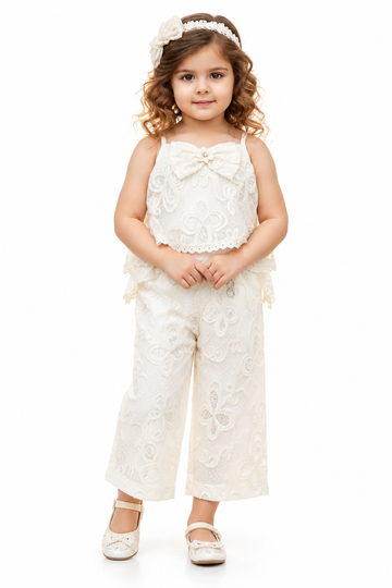 Girls Cream Floral Lace Bow Top and Palazzo Pants Set (Shoes Not Included)