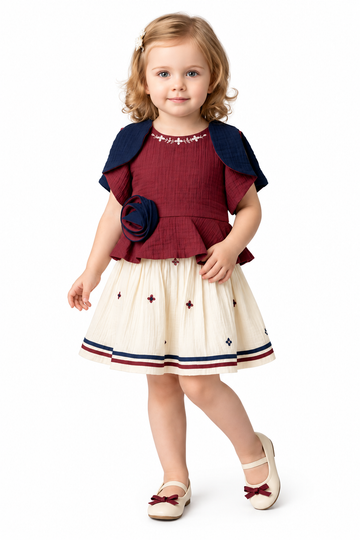 Girls Red Peplum Top and Cream Embroidered Skirt Set (Shoes Not Included)