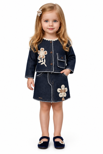 Girls Blue Floral Applique Jacket and Skirt Set (Shoes Not Included)