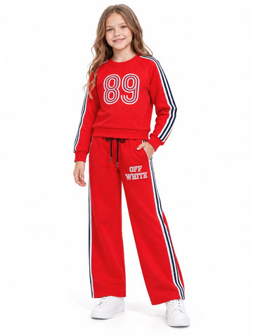 Girls Red Tracksuit Set - Sweatshirt and Wide-Leg Pants