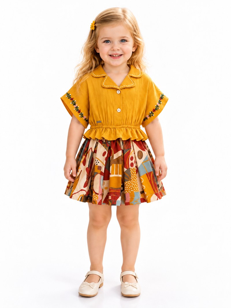 Girls Mustard Peplum Top and Printed Skirt Set