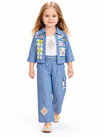 Girls Light Blue Embroidered Denim Jacket with Top and Palazzo Set