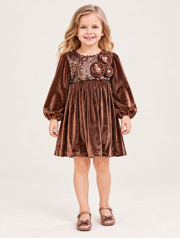 Girls Brown Sequin Velvet Party Dress