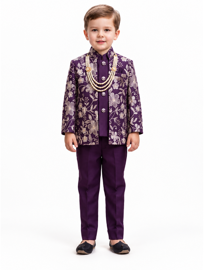 Boys Purple Floral Jacket, Kurta and Trouser Set