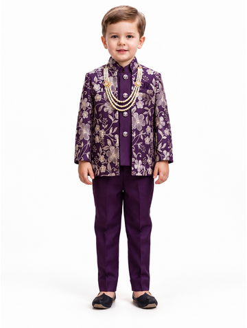 Boys Purple Floral Jacket, Kurta and Trouser Set