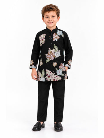 Boys Black Floral and Butterfly Embroidered Kurta and Pants Set