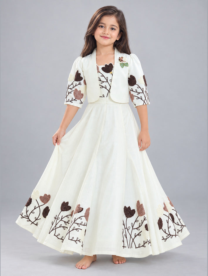 Girls Cream Tulip Embroidered Long Party Dress with Jacket