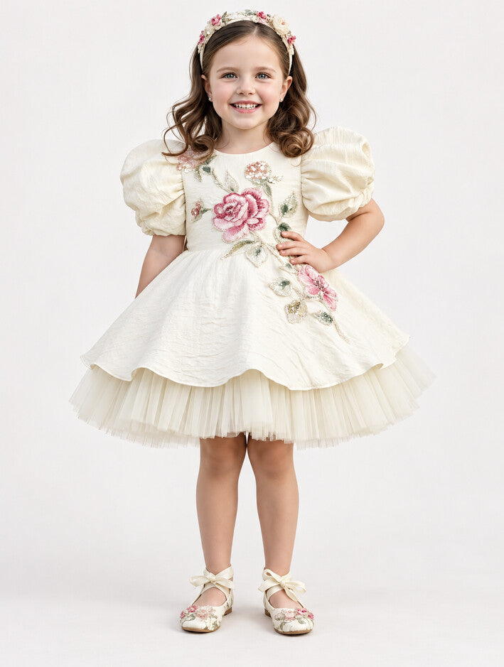 Girls Cream Party Frock with Floral Embroidery