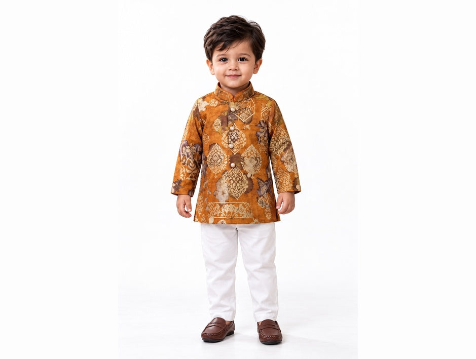 Boys Brown Printed Kurta and White Pajama Set (Shoes Not Included)