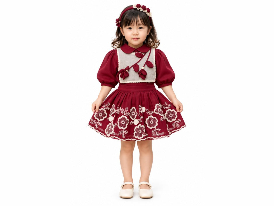 Girls Red Floral Bib Top and Embroidered Skirt Set (Shoes Not Included)