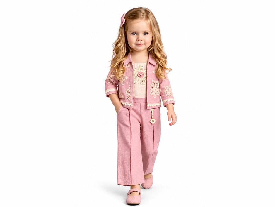 Girls Peach Floral Lace Jacket and Palazzo Pants Set (Shoes Not Included)