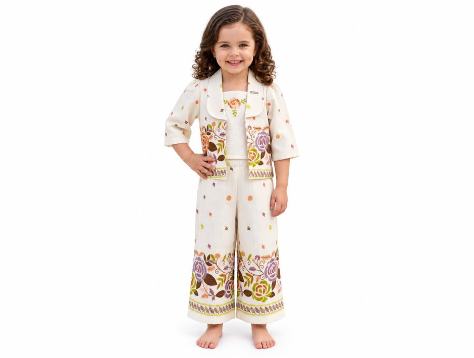Girls Cream Floral Jacket and Wide-Leg Pants Set