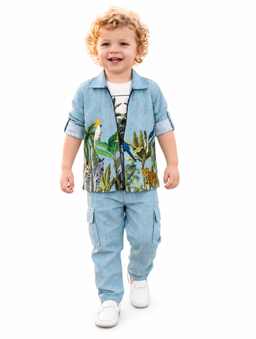 Boys Blue Safari Print Overshirt, T-Shirt and Cargo Pants Set (Shoes Not Included)