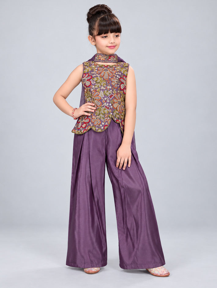 Girls Purple Embroidered Kurta with Palazzo Set