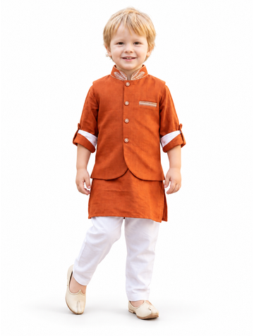 Boys Rust Embroidered Kurta with Attached Waistcoat and White Pajama Set (Shoes Not Included)