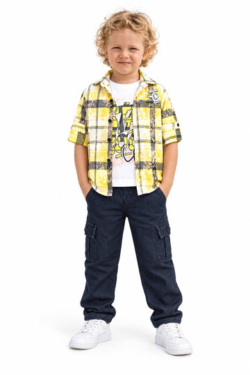 Boys Yellow Plaid Overshirt, Graphic T-shirt and Cargo Pants Set (Shoes Not Included)