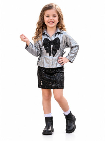 Girls Silver Bow Shirt and Black Sequin Skirt Set