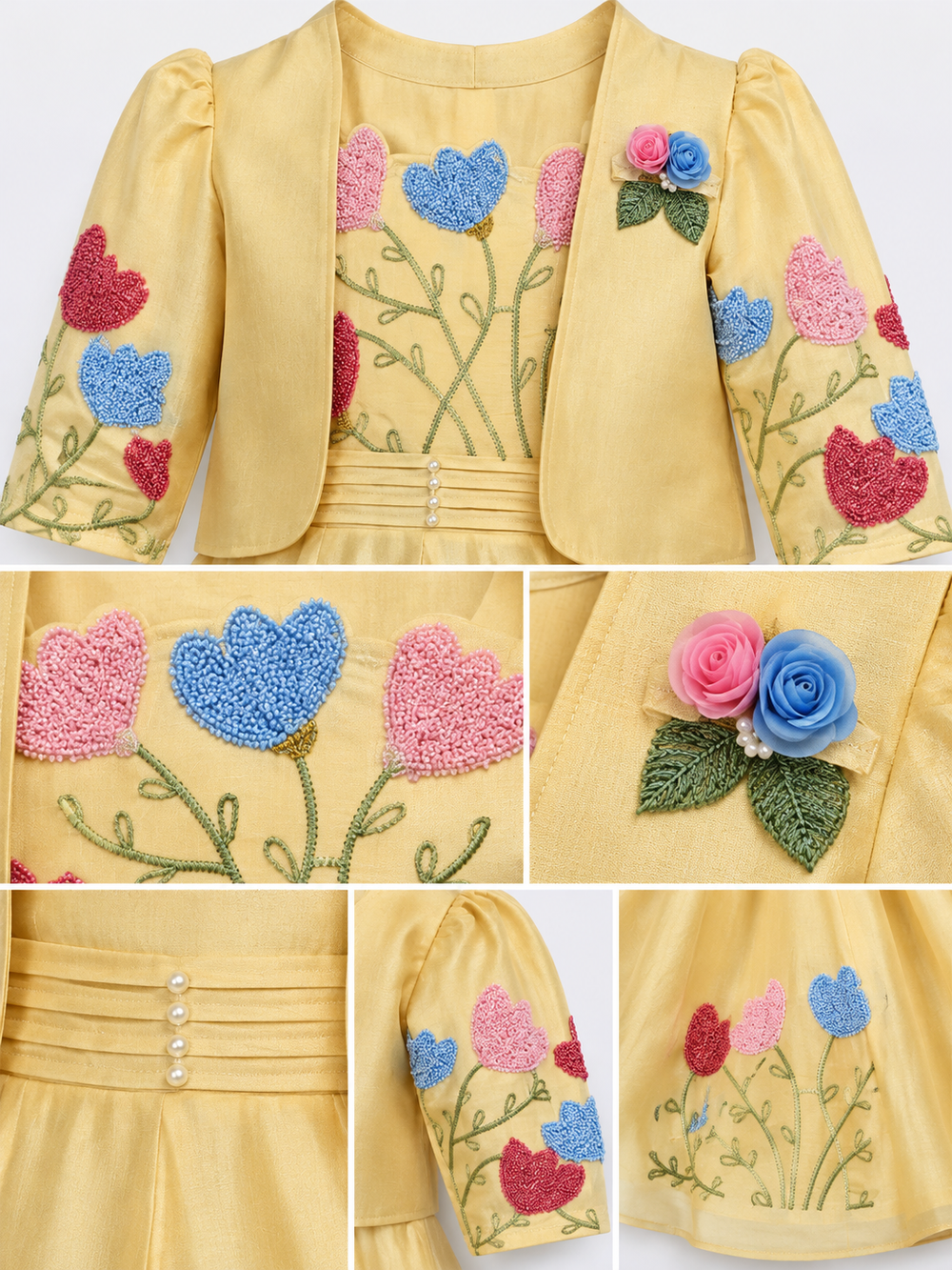 Girls Yellow Tulip Embroidered Long Party Dress with Jacket