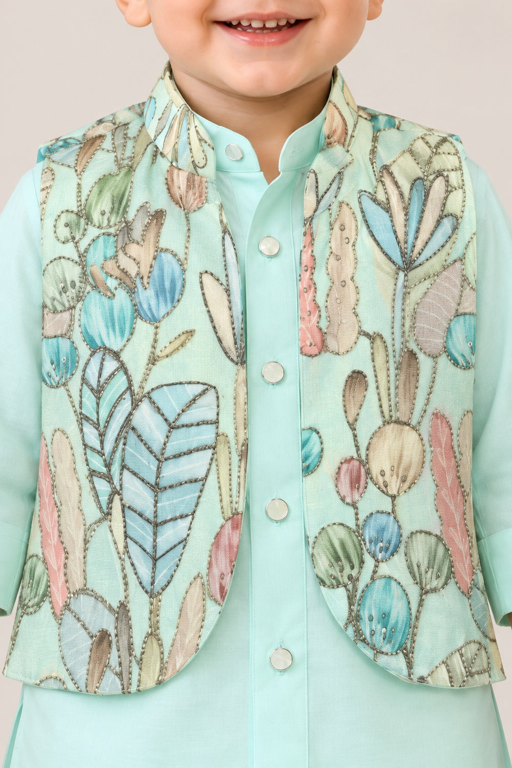 Boys Green Kurta, Dhoti and Floral Jacket Set (Shoes Not Included)